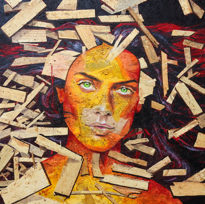 Porträtmalerei auf Holzplatte von Sabine Koschier
